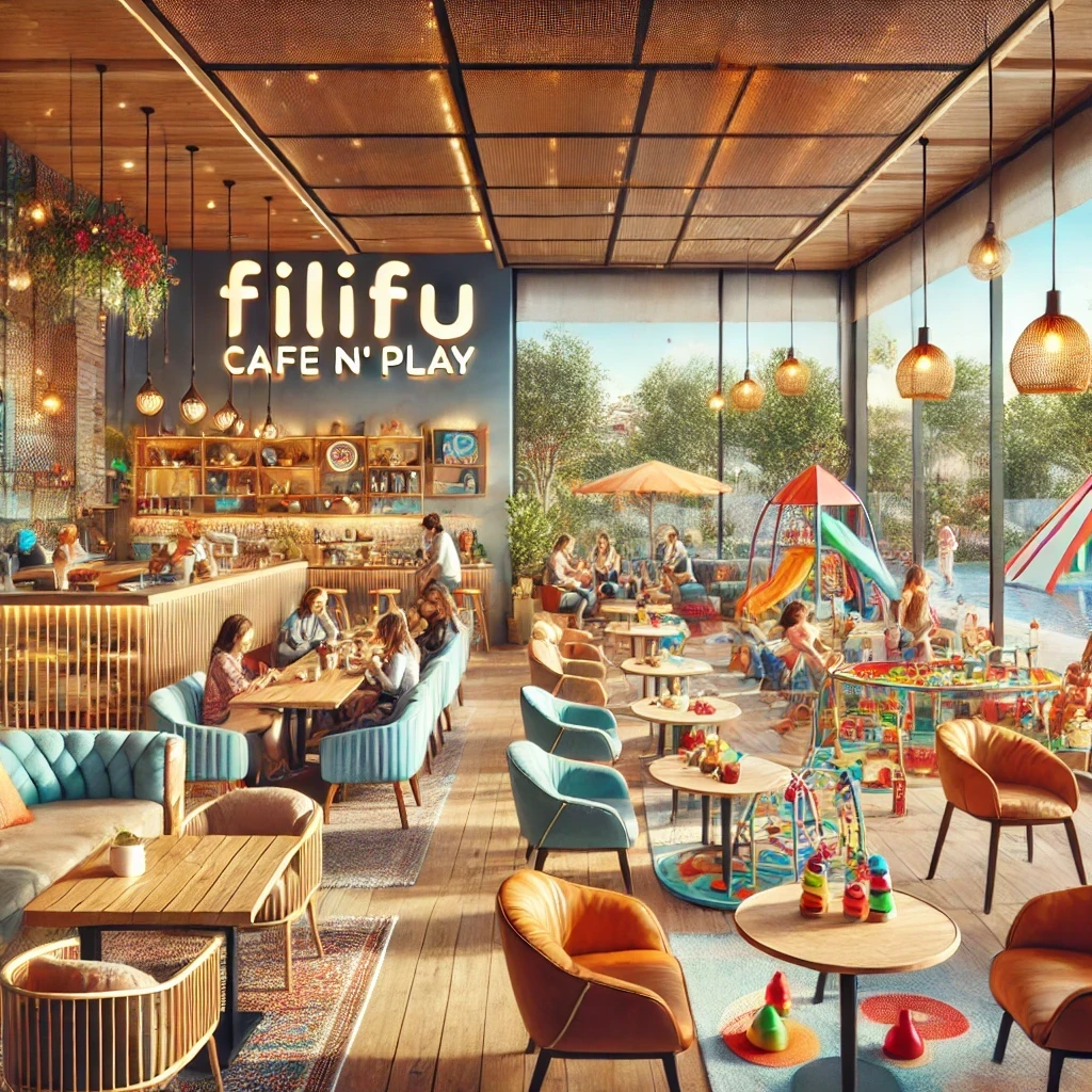 Filifu Cafe N' Play'de renkli dekorlarla süslenmiş davetkar bir kafenin tavanı