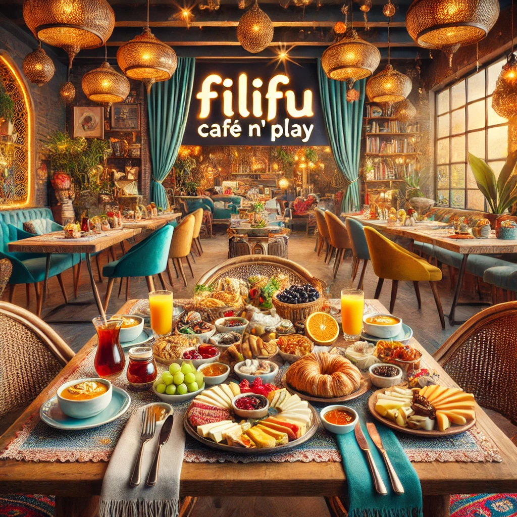 Renkli ve davetkar bir kafe ortamında serpme kahvaltı sofrası