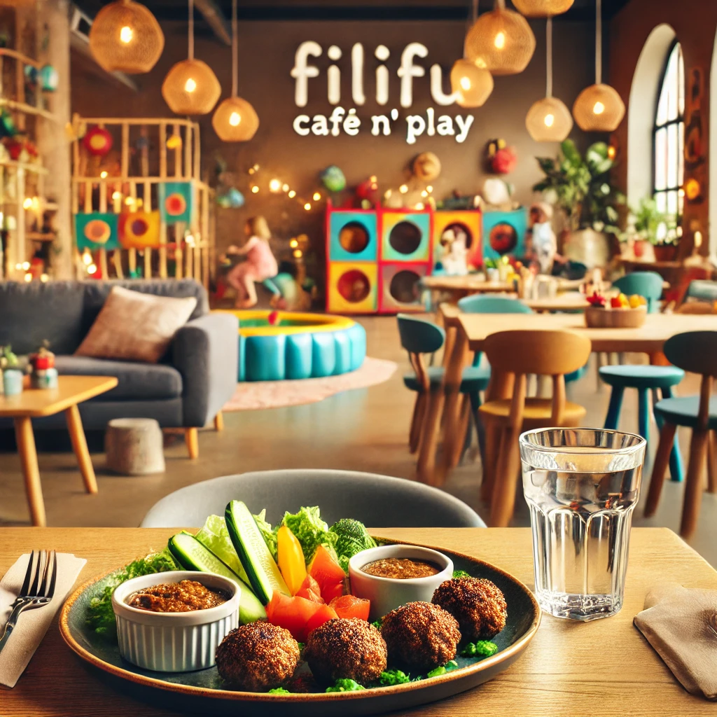 Rahat ve davetkar bir kafe ortamında çocuklar için sağlıklı köftelerle dolu bir masa