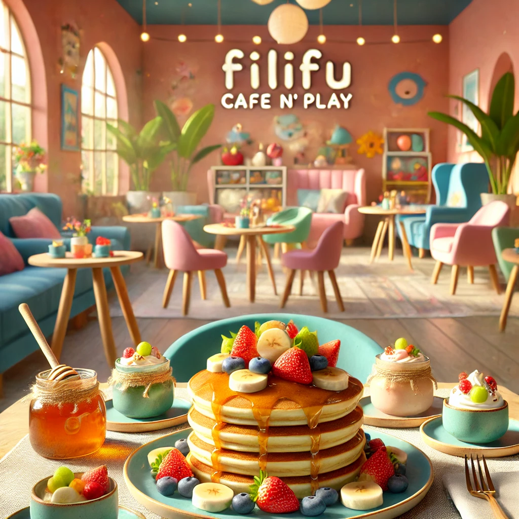 Rahat ve davetkar bir kafe ortamında taze meyvelerle süslenmiş kabarık pankekler