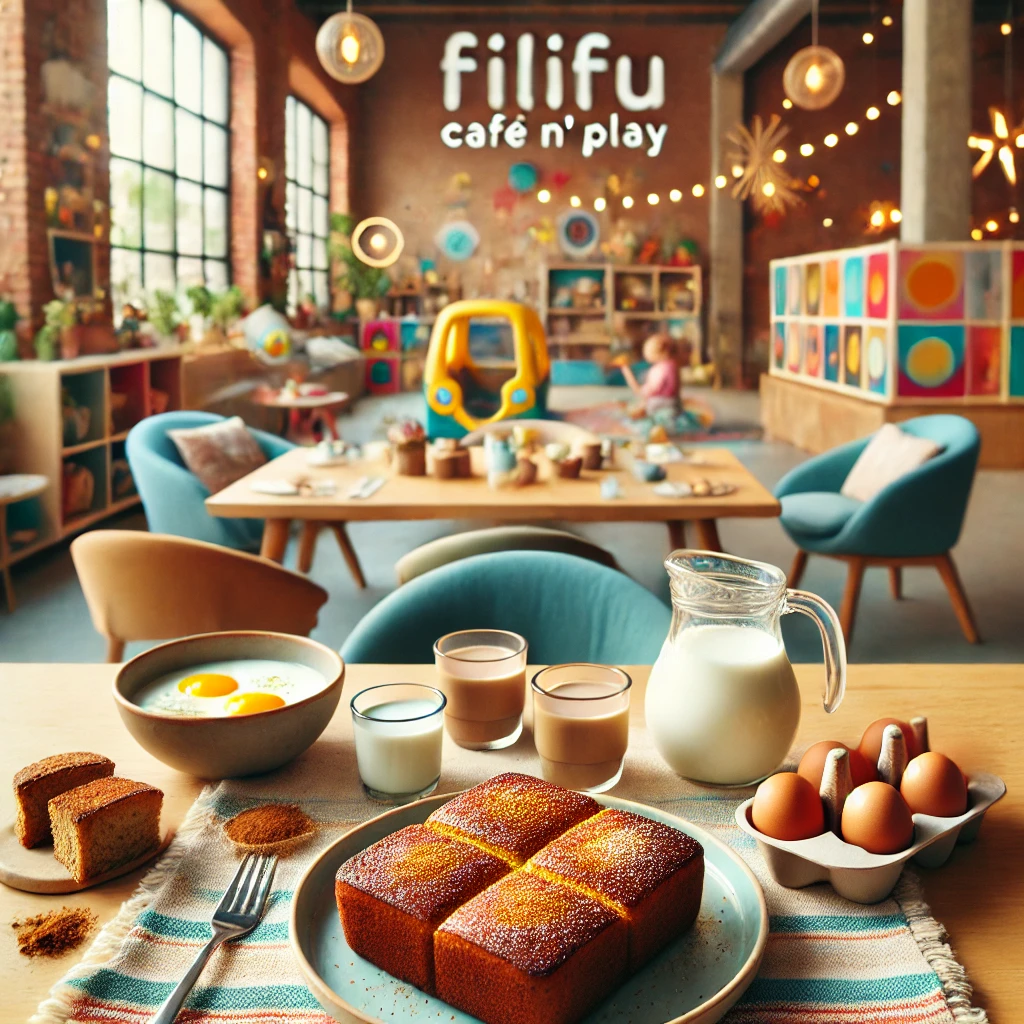 Rahat ve davetkar bir kafe ortamında bebekler için hazırlanmış yumurtalı ekmek ve kahvaltı malzemeleri