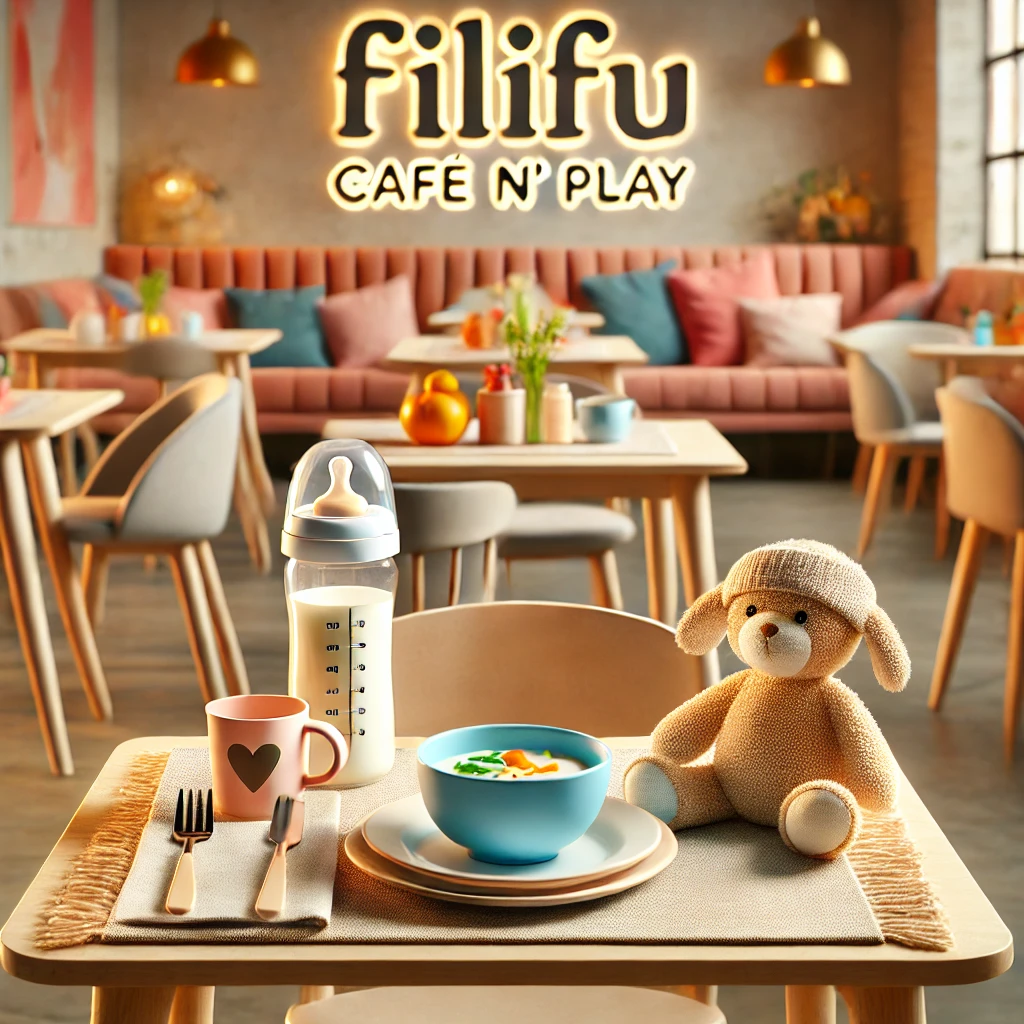 Rahat ve davetkar bir kafe ortamında, ebeveynler ve bebekler için hazırlanmış bir masa. Bebek beslenmesiyle ilgili öğeler bulunuyor.
