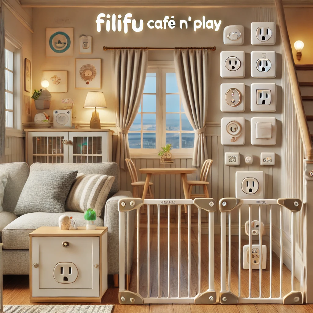 Rahat ve davetkar bir ev içi, priz kapakları, merdiven kapıları, pencere kilitleri ve dolap kilitleri gibi çeşitli çocuk güvenlik özelliklerini gösteriyor.