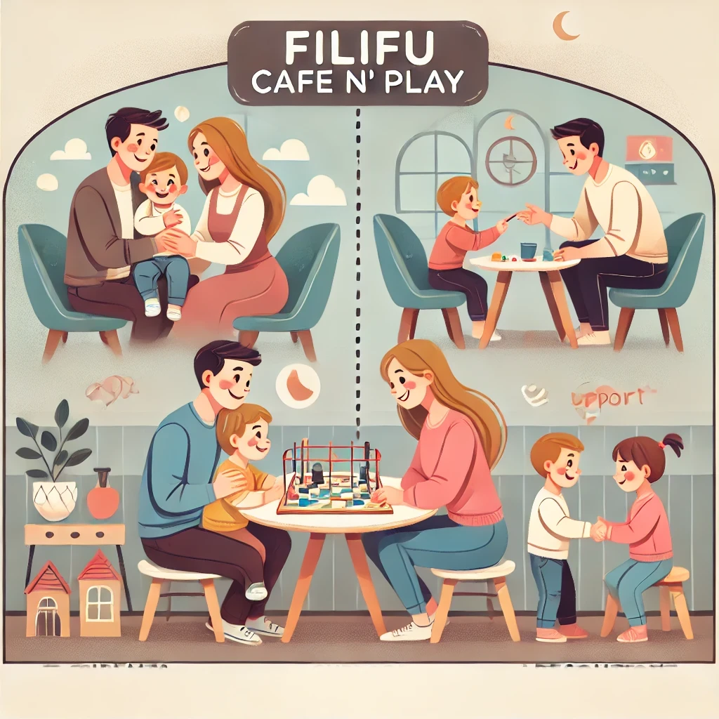 Rahat ve davetkar bir aile ortamında, ebeveynler ve çocuklar mutlu bir şekilde etkileşimde bulunuyor. Çocuklar birlikte oynarken, ebeveynler destek sağlıyor ve onlarla ilgileniyor. Arka planda 'Filifu Cafe N' Play' tabelası görülüyor.
