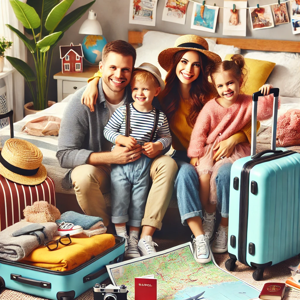 Çocuklu bir ailenin tatil hazırlıkları; valizler, harita ve seyahat malzemeleriyle dolu renkli bir ortam.