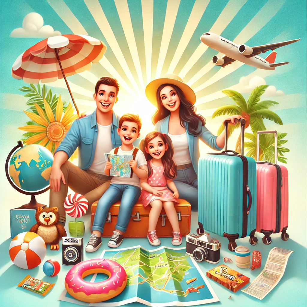 Çocuklarla tatil planlamayı yansıtan, seyahat malzemeleri ve mutlu bir aileyi gösteren öne çıkan görsel.