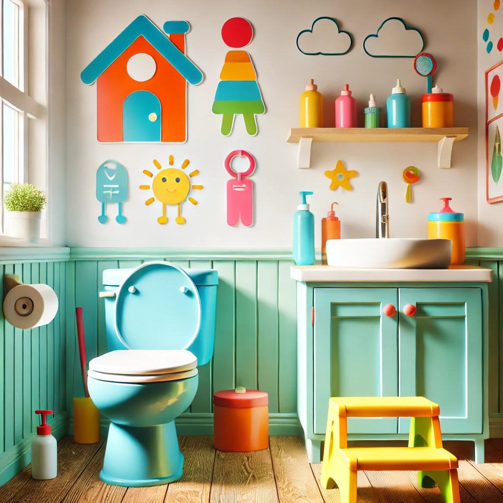 Çocuk dostu bir tuvalet, hijyenik ve renkli bir ortamda tasarlanmış, çocuklar için güvenli ve eğlenceli bir alan.