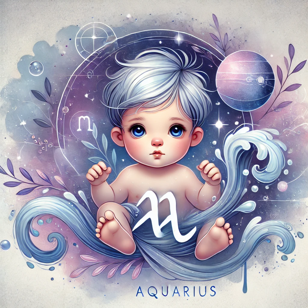 Sevimli bir Kova burcu bebeği, su akışı ve yıldızlarla çevrili.