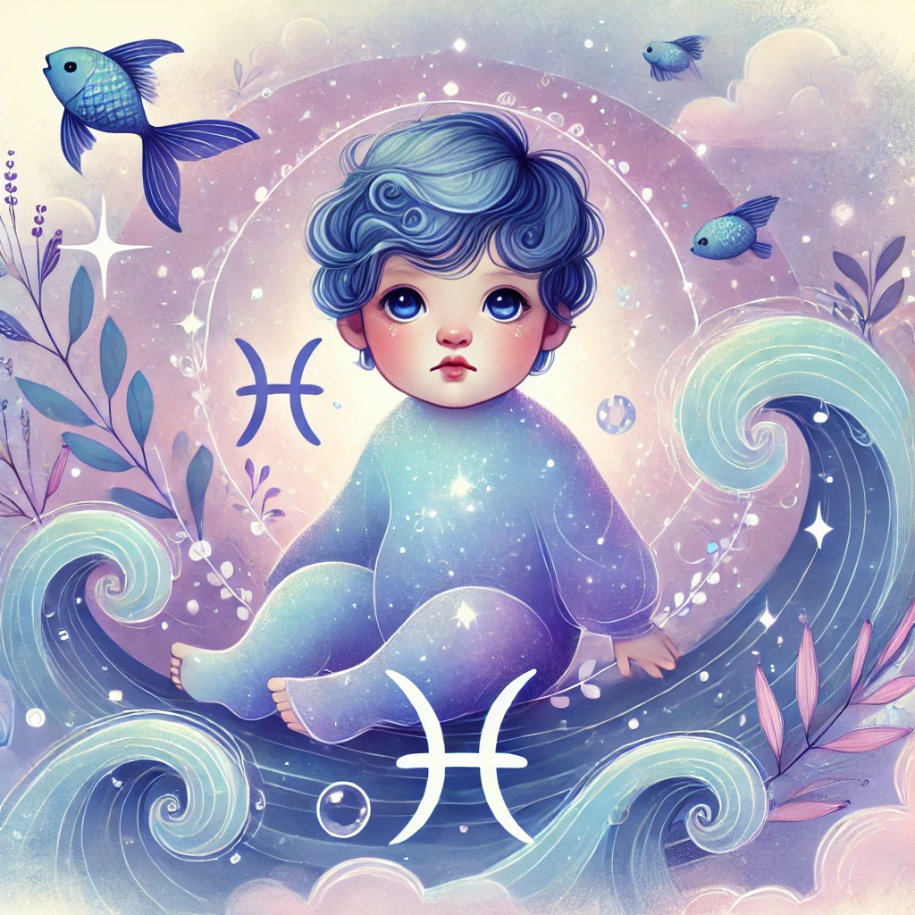 Balık burcu bebeği, mistik bir su altı dünyasında huzurlu bir şekilde yüzerken tasvir ediliyor.