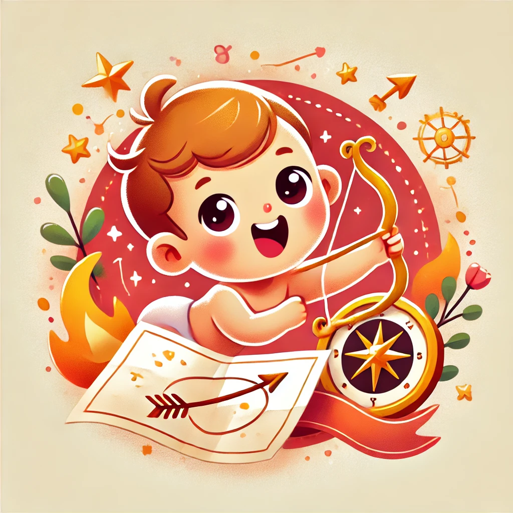 Neşeli ve maceraperest bir Yay burcu bebeği, küçük bir yay ve ok ile keşif ruhunu simgeliyor.