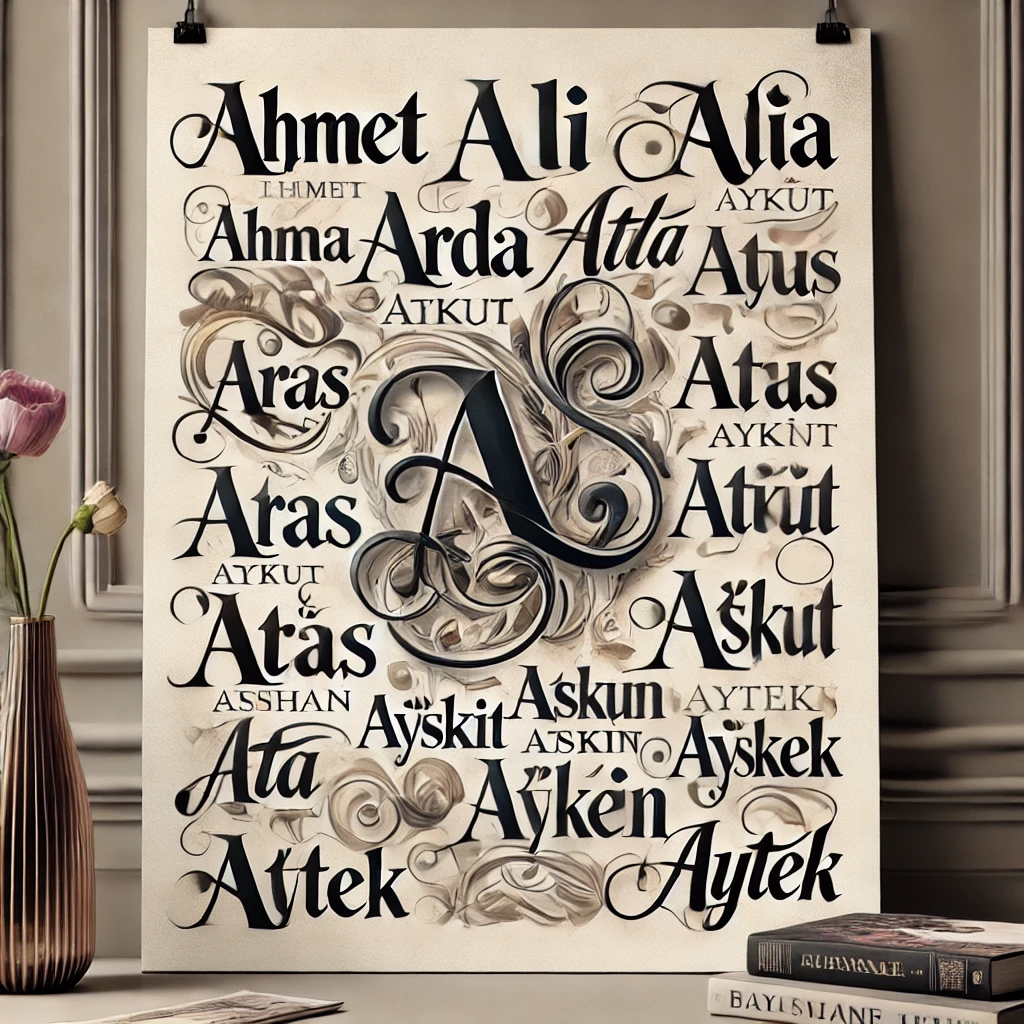A harfi ile başlayan Türkçe erkek isimlerini içeren sanatsal bir görsel.