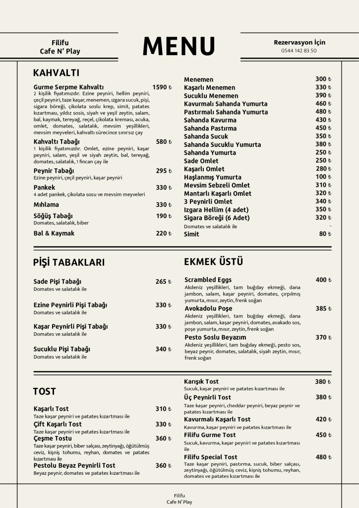 Filifu Cafe N’ Play kahvaltı menüsü, serpme kahvaltı, menemen, omlet, pişi tabakları ve tost çeşitleri