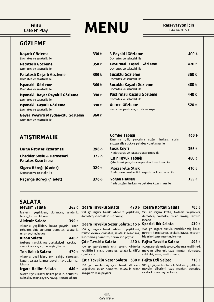 Filifu Cafe N’ Play gözleme, salata ve atıştırmalık menüsü, tavuklu salata, köfteli salata ve patates kızartması