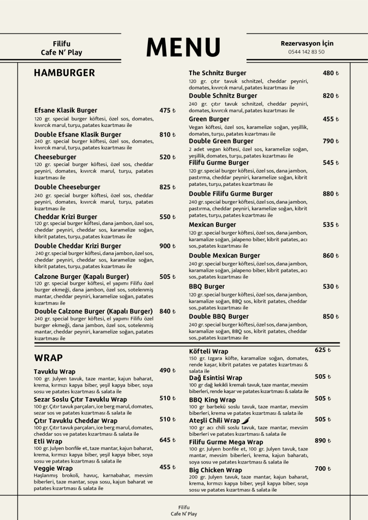 Filifu Cafe N’ Play hamburger ve wrap menüsü, double cheeseburger, vegan burger ve tavuklu wrap çeşitleri