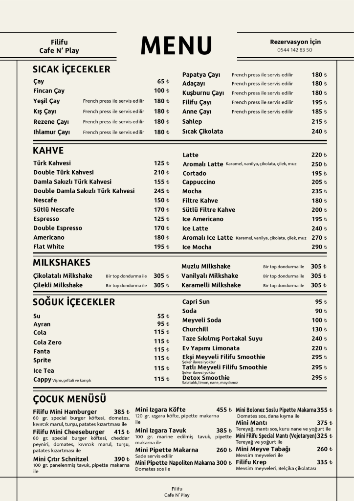 Filifu Cafe N’ Play içecek, kahve ve çocuk menüsü, smoothie, milkshake ve çocuklara özel yemekler
