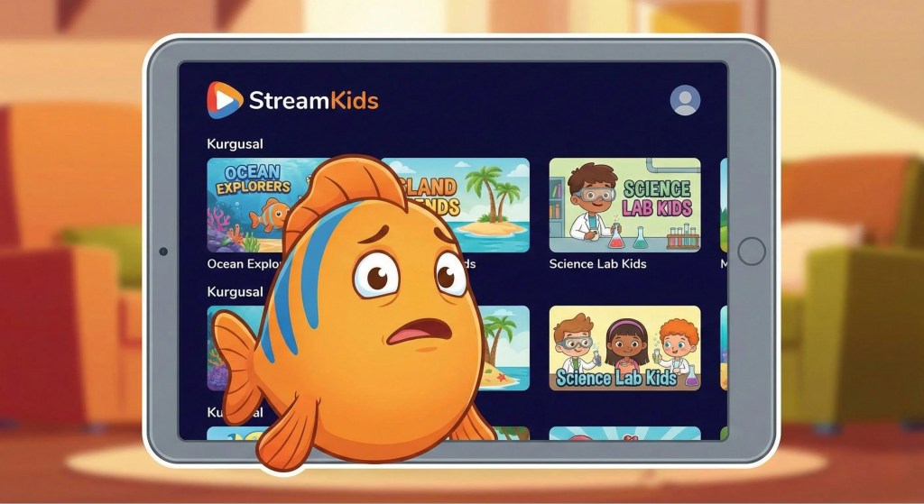 Bir tablet ekranındaki çocuk yayın platformu arayüzünden dışarı bakan, şaşkın ve sevimli ifadeli, turuncu renkli 3D animasyon balık karakteri.