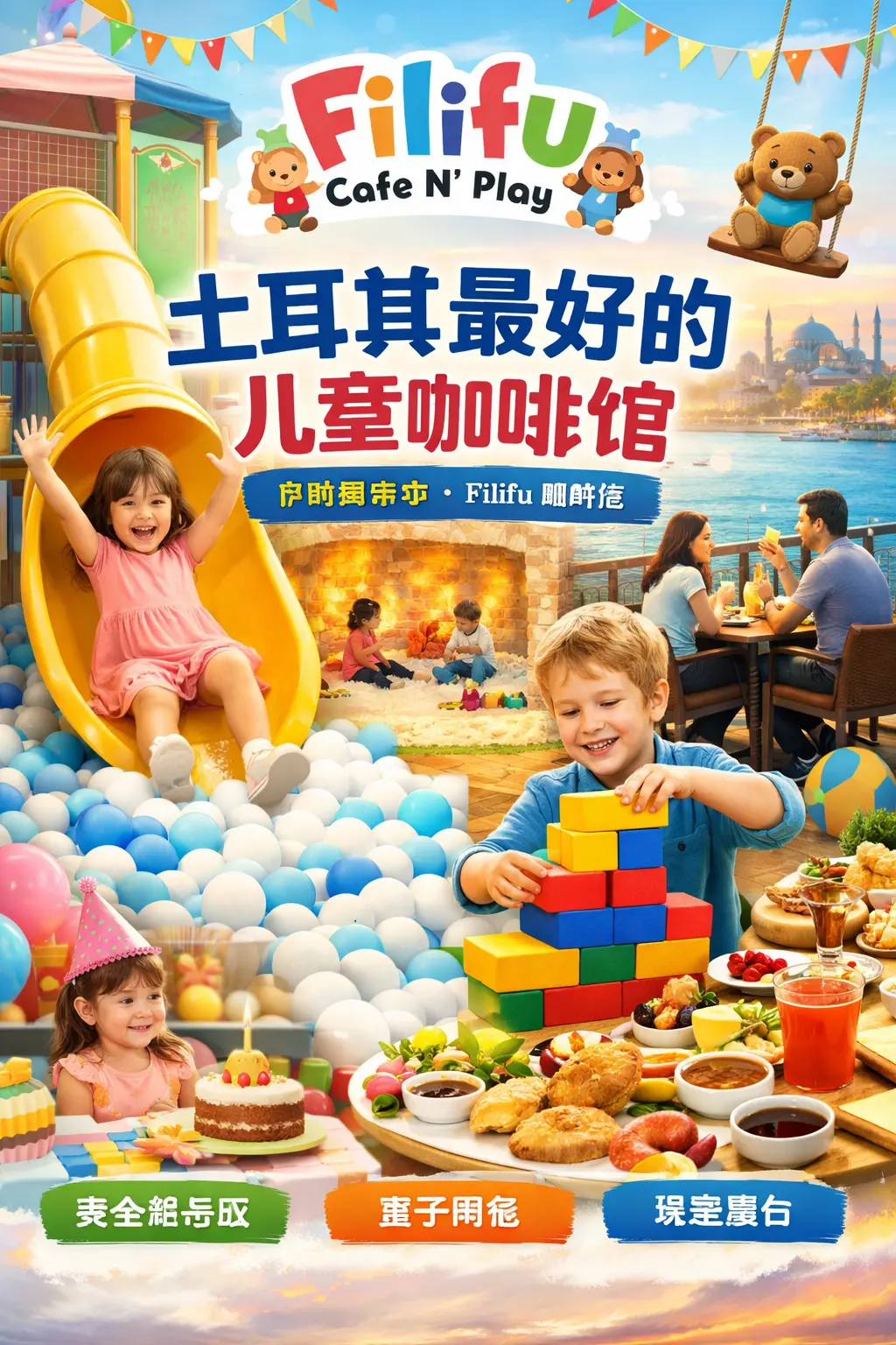 伊斯坦布尔 Filifu Cafe N’ Play 儿童咖啡馆，孩子在球池滑梯和盐房游乐区玩耍，家庭在海景露台用餐。