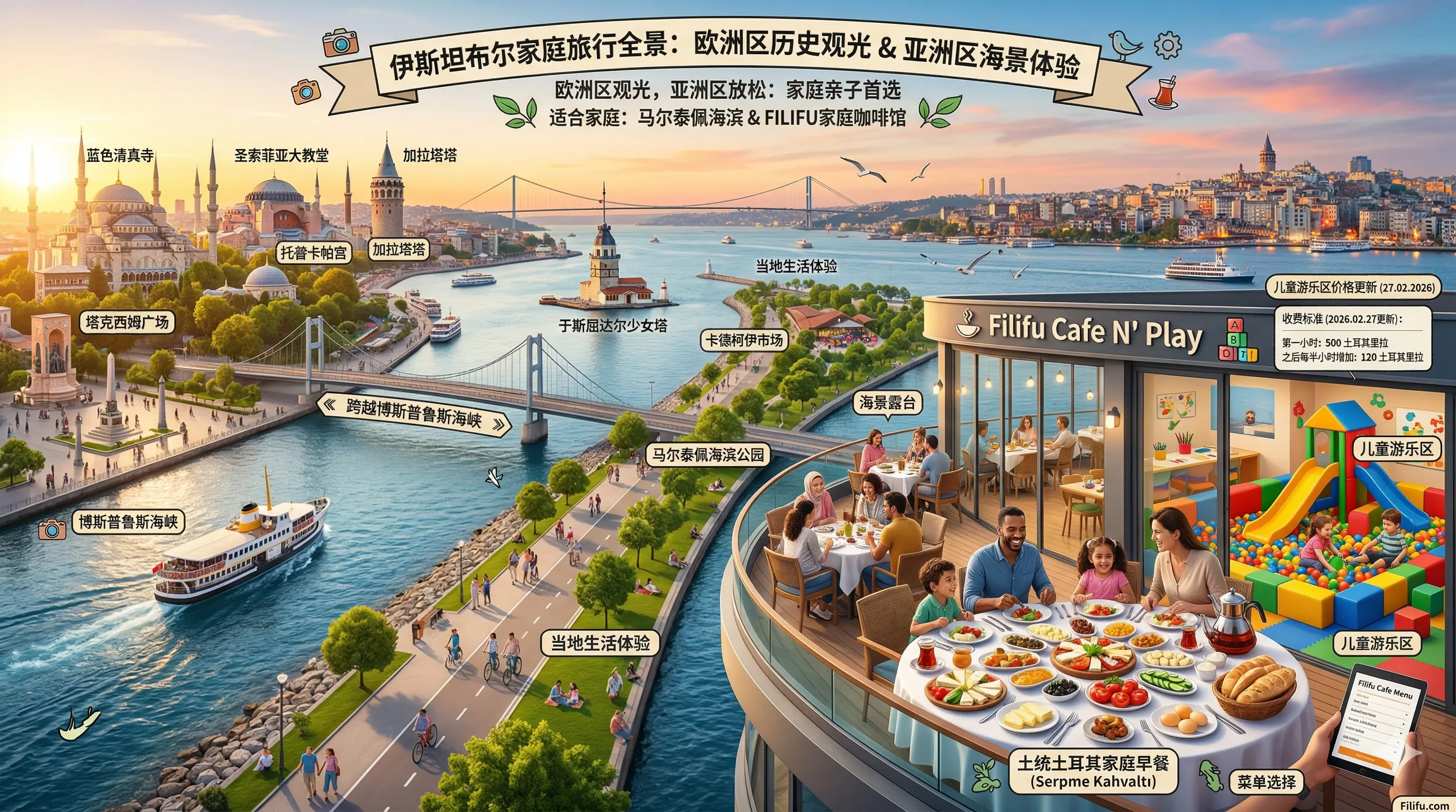 伊斯坦布尔家庭旅行全景图，展示欧洲区历史景点、亚洲区马尔泰佩海滨公园，以及拥有无敌海景露台、提供传统土耳其早餐和儿童游乐区的 Filifu 亲子咖啡馆。