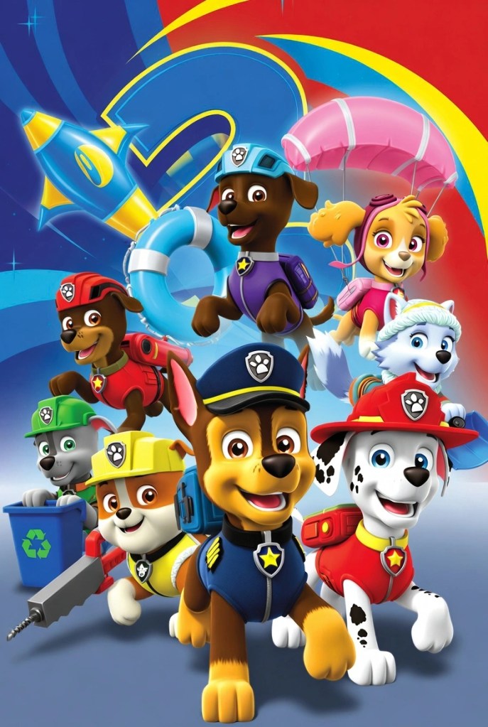 Paw Patrol karakterleri Chase, Marshall, Skye ve arkadaşları renkli macera sahnesinde poz veriyor, Nickelodeon animasyon serisi kahraman köpekler, Paw Patrol Netflix veya TV bölümü görseli