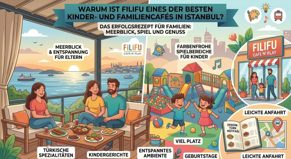 Eine illustrierte Infografik, die erklärt, warum Filifu eines der besten Kinder- und Familiencafés in Istanbul ist. Sie zeigt verschiedene Bereiche: eine Familie beim Essen mit Meerblick, einen riesigen Indoor-Spielplatz, das Restaurant-Interieur und eine Anfahrtskarte. Text-Labels auf Deutsch umfassen „Meerblick“, „Spielparkure“, „Kulinarischer Genuss“, „Geburtstage“ und „Leichte Anfahrt“.