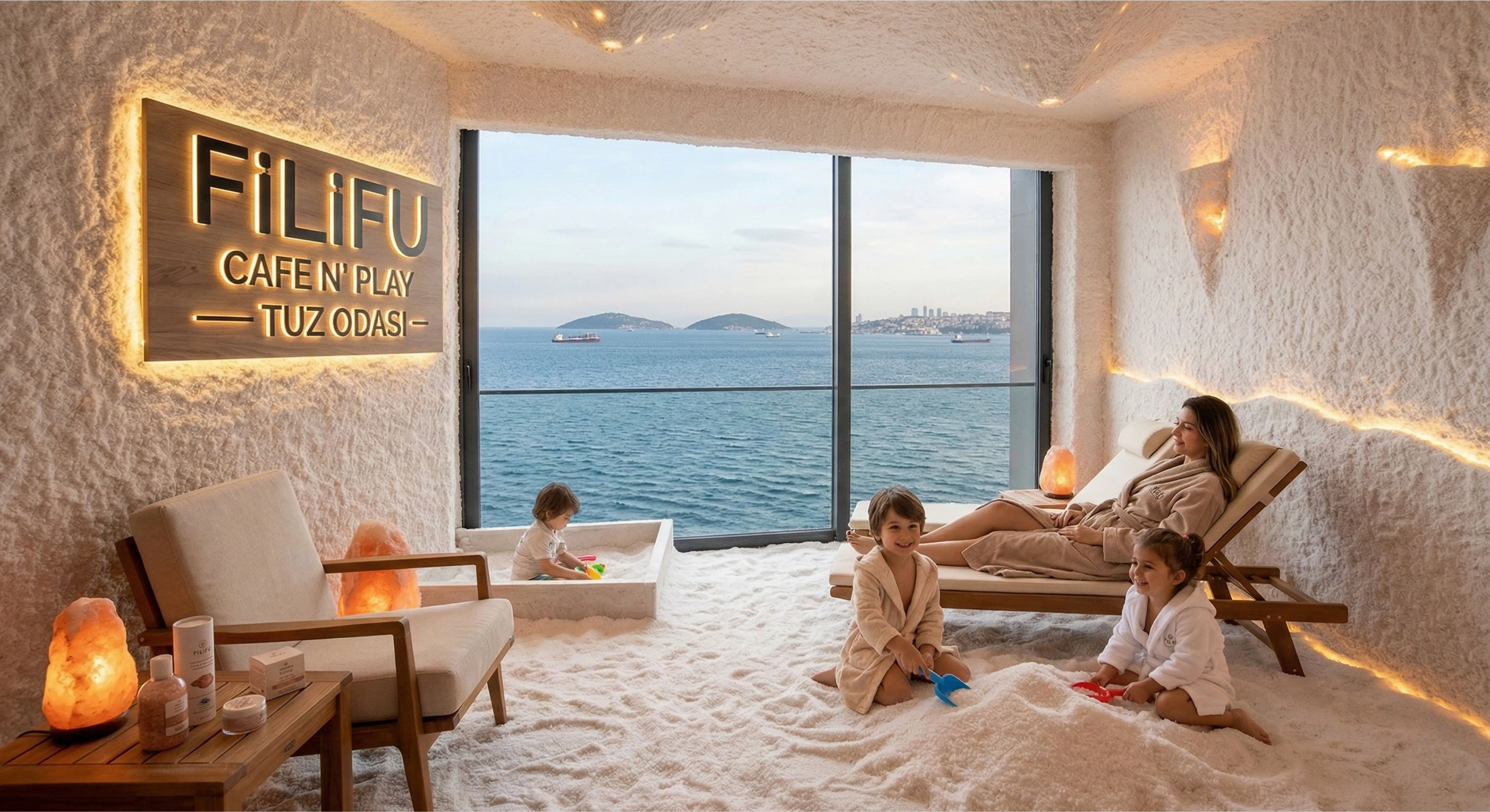 Eine Mutter entspannt auf einer Liege im Salzraum des Filifu Cafe N' Play in Istanbul, während ihre Kinder mit Förmchen im Himalaya-Salz spielen. Im Hintergrund ist ein direkter Meerblick auf die Prinzeninseln zu sehen.