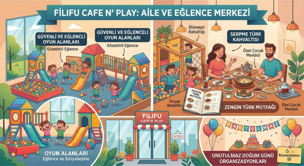 Filifu Cafe N’ Play çocuk oyun alanları, serpme kahvaltı ve doğum günü organizasyonlarını gösteren aile dostu kafe illüstrasyonu