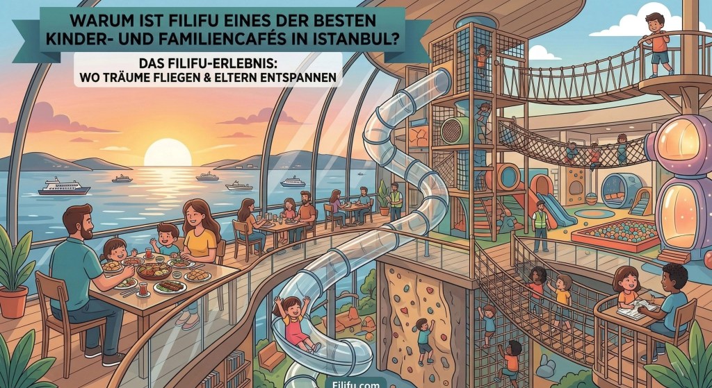Eine detaillierte Panorama-Illustration des Filifu Cafe N' Play in Istanbul bei Sonnenuntergang. Links genießt eine Familie türkische Küche an einem Tisch mit direktem Meerblick auf die Prens Adaları (Prinzeninseln). Die rechte Seite zeigt eine riesige, mehrstöckige Abenteuer-Spielewelt mit Röhrenrutschen, Kletterwand, Bällebad und Seilbrücken, gefüllt mit fröhlichen Kindern. Der Banner oben fragt: „Warum ist Filifu eines der besten Kinder- und Familiencafés in Istanbul?“.