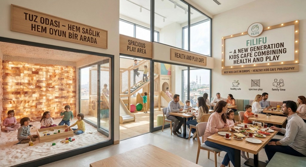 Filifu Cafe Istanbul salt room play area where children play in a salt therapy room while families enjoy a healthy kids cafe environment.
