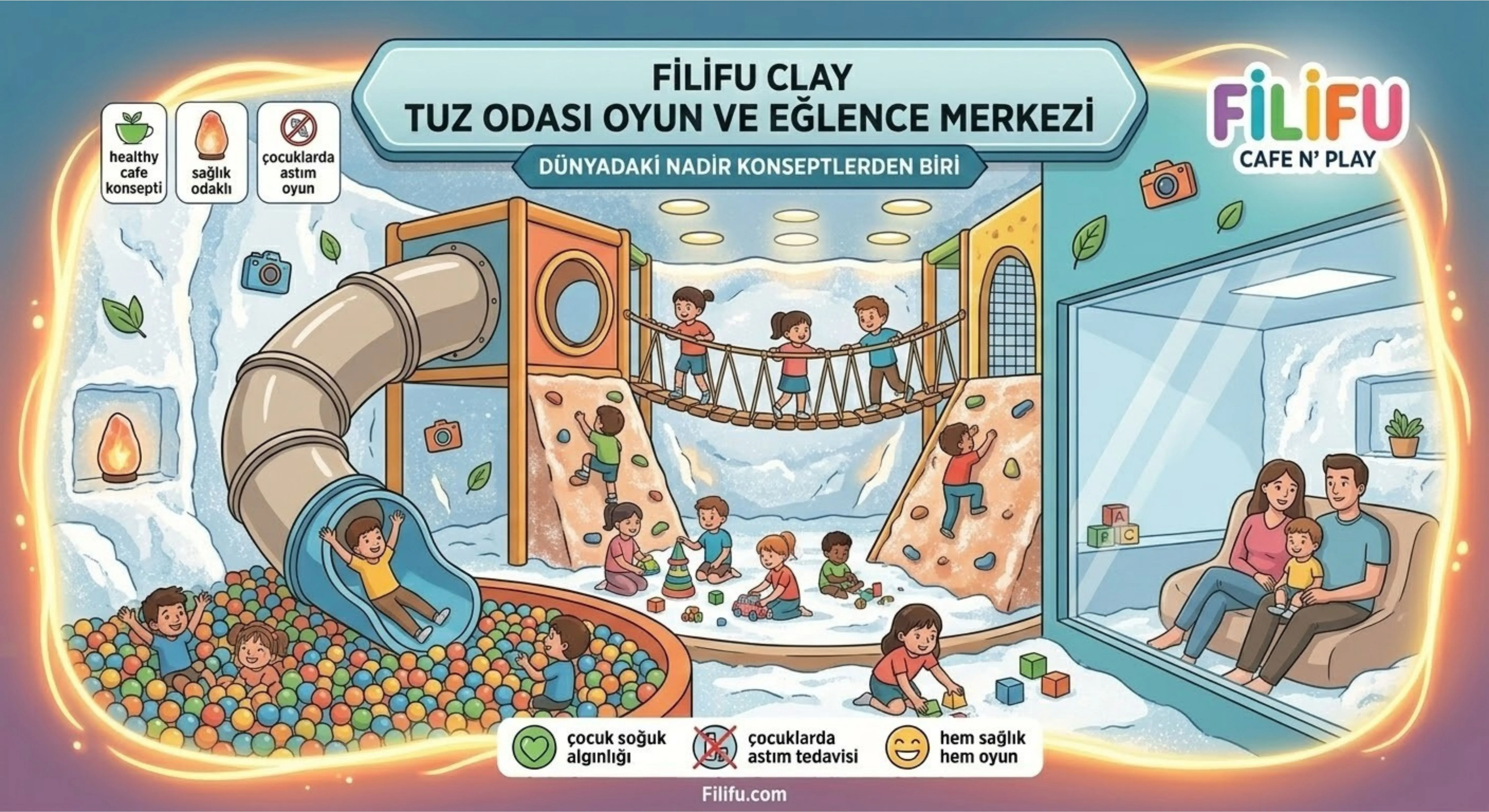 Filifu Cafe N Play salt room playground concept where children play in a salt therapy environment combining health and fun.