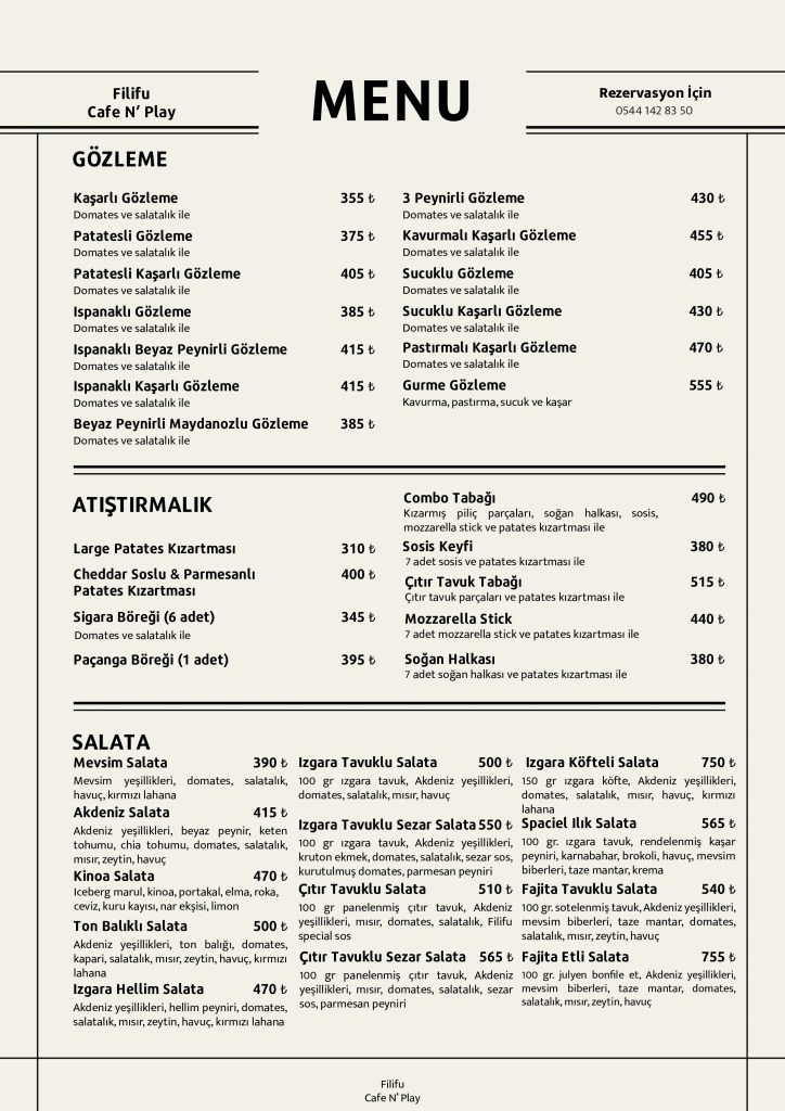 Filifu Cafe N’ Play gözleme, salata ve atıştırmalık menüsü, tavuklu salata, köfteli salata ve patates kızartması