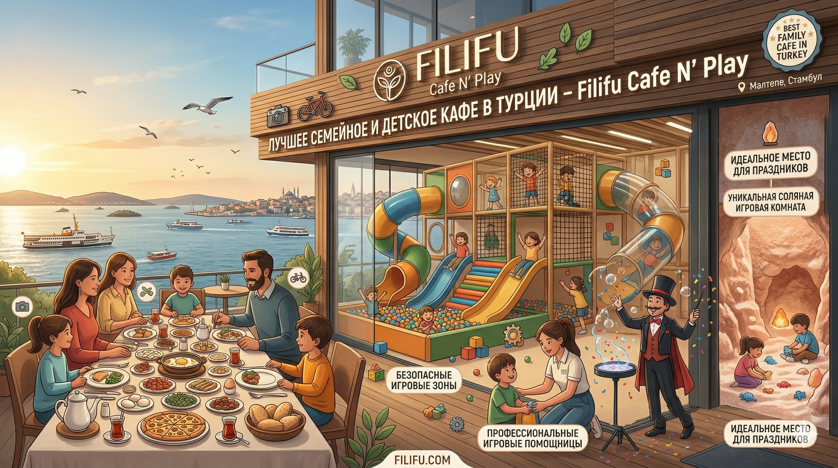 Панорамный инфографический обзор Filifu Cafe N' Play в Стамбуле: семейный ресторан с видом на Босфор, большая детская игровая зона, профессиональные игровые помощницы, уникальная соляная игровая комната и место для проведения детских праздников с аниматорами.