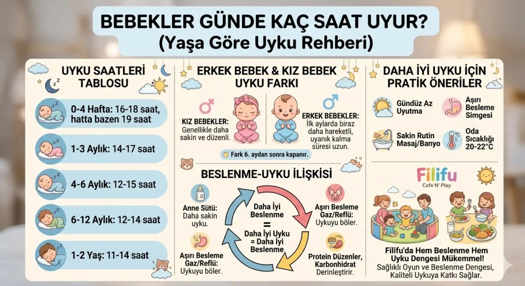Bebekler Günde Kaç Saat Uyur? (Yaşa Göre Uyku Rehberi)" başlıklı Türkçe infografik. Görsel; yenidogandan 2 yaşına kadar yaşa göre uyku saatleri tablosu, erkek ve kız bebeklerin uyku davranışları arasındaki farklar, beslenme ile uyku arasındaki döngüsel ilişki (anne sütü, aşırı besleme etkileri) ve daha iyi uyku için pratik önerileri (oda sıcaklığı, sakin rutin) kapsamlı bir şekilde gösteriyor. Sağ alt köşede Filifu Cafe N' Play reklamı yer alıyor.