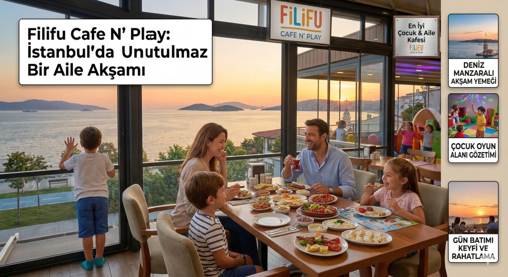 Ein detailliertes zusammengesetztes Foto, das die einzigartige Erfahrung im Filifu Cafe N’ Play zeigt: ein direkter Meerblick auf die Prinzeninseln, ein großer Indoor-Spielbereich für Kinder und ein reichhaltiges türkisches Frühstück (serpme kahvaltı).