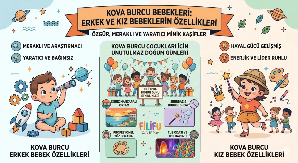 Kova burcu erkek ve kız bebeklerin özelliklerini, karakterlerini ve onlar için Filifu Cafe N' Play'in sunduğu doğum günü etkinliklerini tanıtan modern illustrated infografik. Sol tarafta Kova erkek bebek (Meraklı ve Araştırmacı, Yaratıcı ve Bağımsız), sağ tarafta Kova kız bebek (Hayal Gücü Gelişmiş, Enerjik ve Lider Ruhlu) yer alıyor. Ortada doğum günü partisi sahnesi ve Filifu hizmetleri (Deniz Manzaralı Ortam, Sihirbaz & Bubble Show, Profesyonel Yüz Boyama, Tuz Odası ve Top Havuzu) listelenmiş.