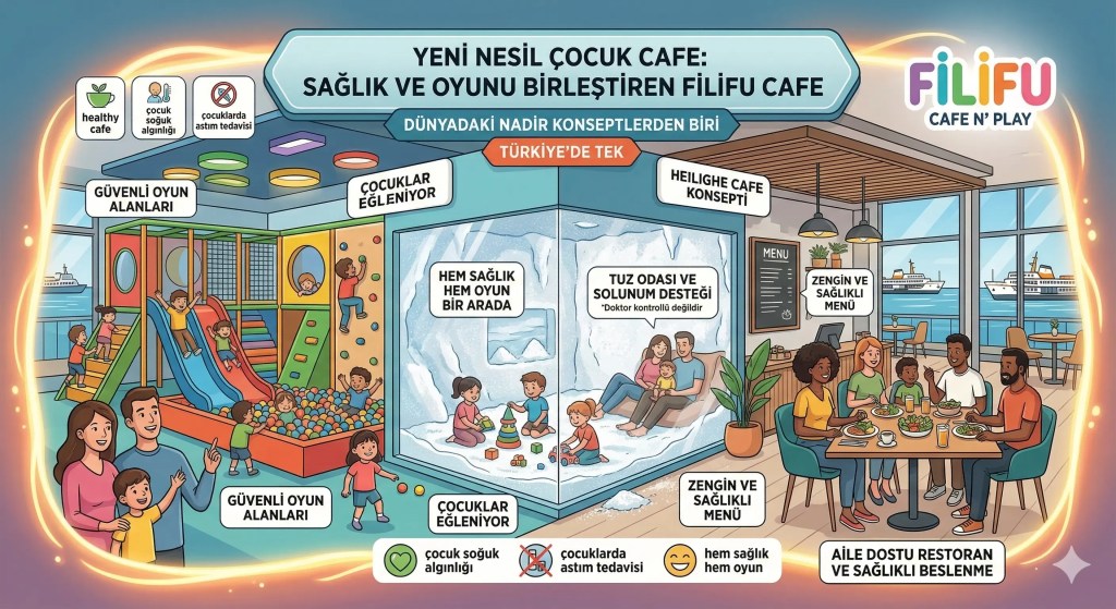 Filifu Cafe'nin modern iç mekanı; ahşap masalar, minimalist tasarım ve şeffaf cam bölmeyle ayrılmış, çocukların oynayabildiği aydınlık tuz odası. İstanbul yeni nesil çocuk dostu cafe konsepti.