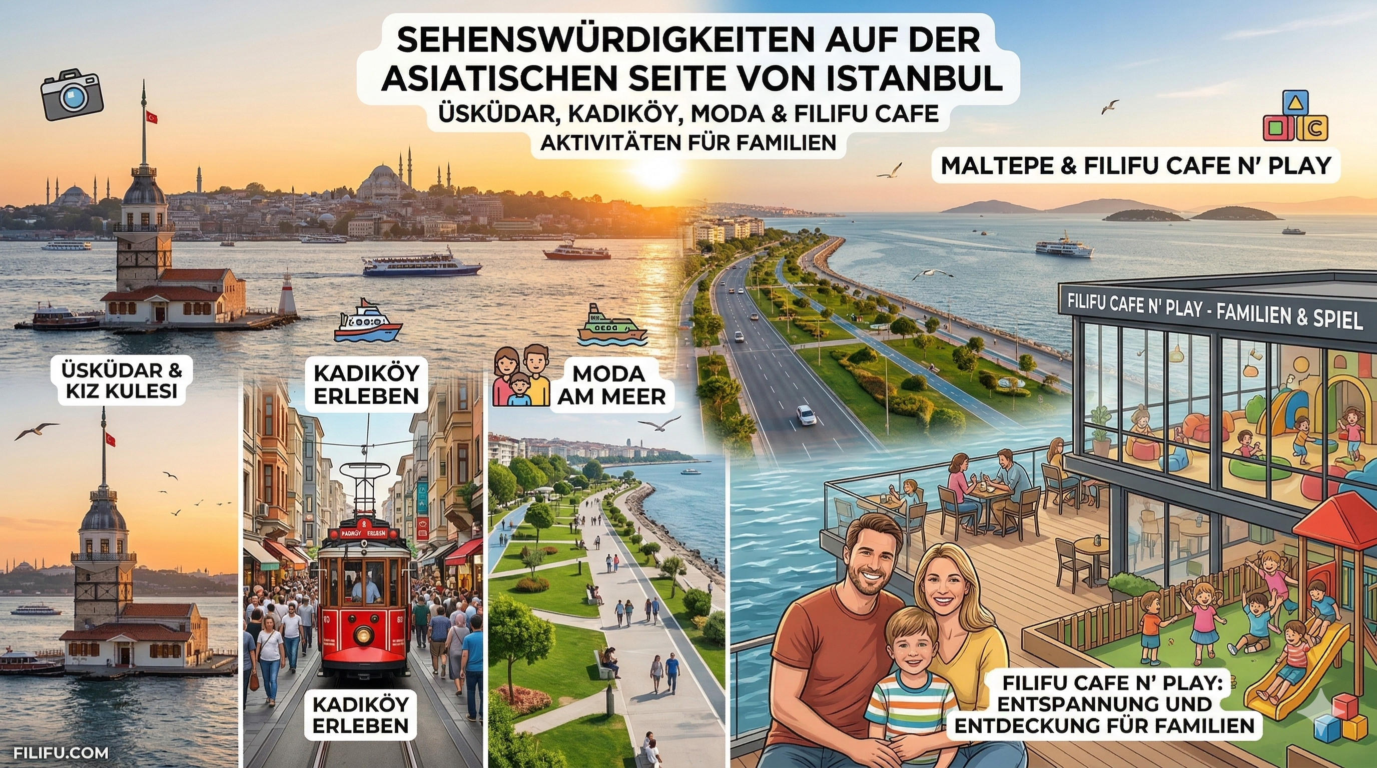 Zusammengesetztes Bild der Sehenswürdigkeiten auf der asiatischen Seite Istanbuls, einschließlich Üsküdar Kız Kulesi, Kadıköy mit seiner Kultur, Moda mit seinen Parks und dem Filifu Cafe N' Play mit Meerblick und Spielbereich.