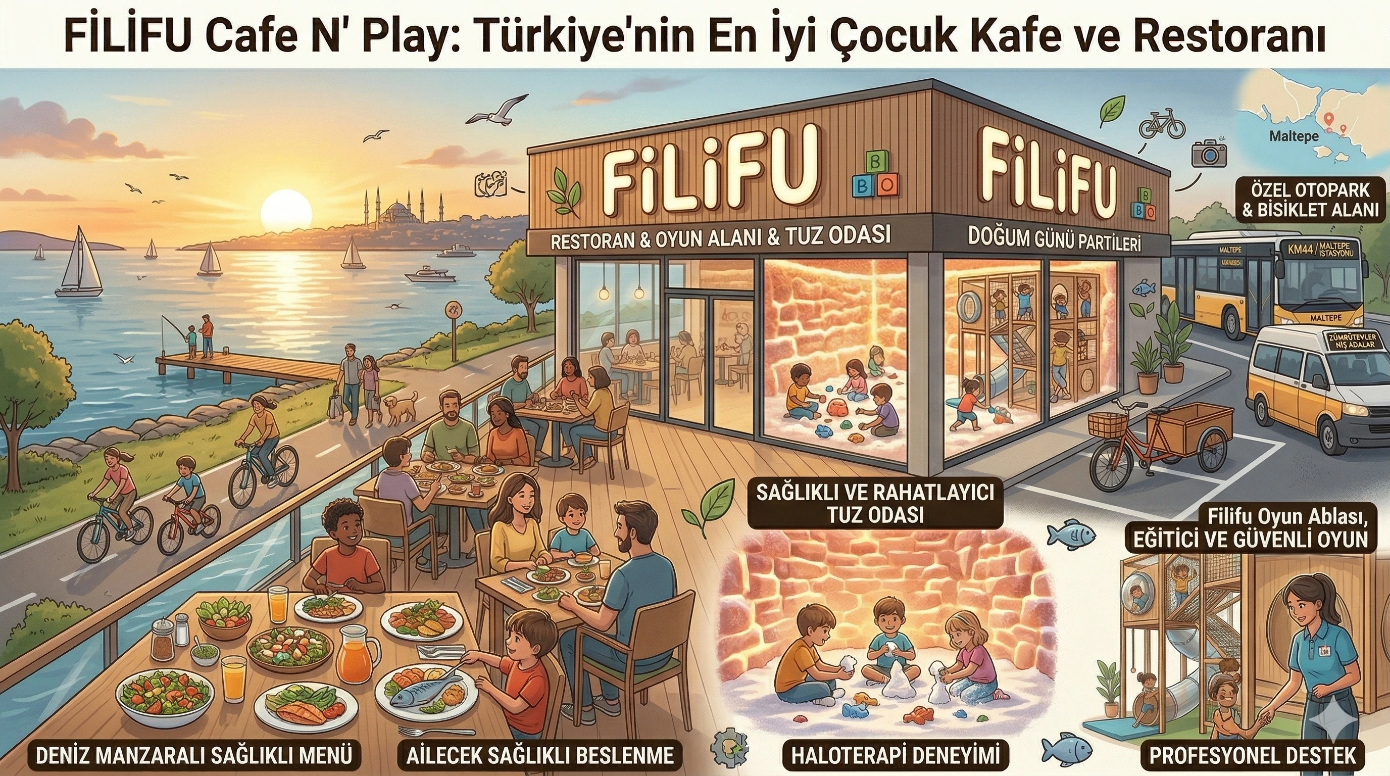 Infographie détaillée du Meilleur Café-Restaurant Familial de Turquie: FiLiFU Cafe N' Play à Maltepe, Istanbul, avec aires de jeux sécurisées, éducatrices professionnelles, salle de sel, fêtes d'anniversaire magiques et guide d'accès facile.