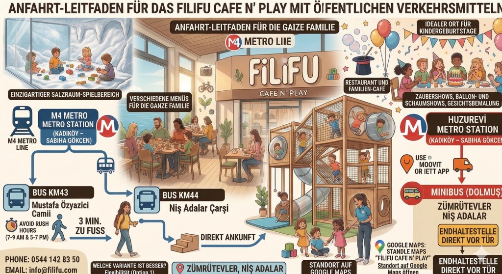 Umfassender Infografik-Leitfaden für das FiLiFU Cafe N' Play Kindercafé und Spielplatz in Maltepe, Istanbul. Die Grafik zeigt die Anreise mit öffentlichen Verkehrsmitteln (M4 Metro, Busse KM43 und KM44), verschiedene Spielbereiche, ein Restaurant, Geburtstagsfeier-Optionen und Kontaktinformationen.