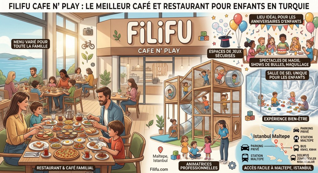 Infographie en français du Filifu Cafe N' Play à Istanbul (Maltepe) : Le Meilleur Café et Restaurant pour Enfants en Turquie. Le visuel montre des familles dégustant un petit-déjeuner turc traditionnel avec vue sur la mer, une grande aire de jeux sécurisée avec animatrices professionnelles, une salle de sel unique pour les enfants, et une scène de célébration d'anniversaire avec magicien et maquillage.