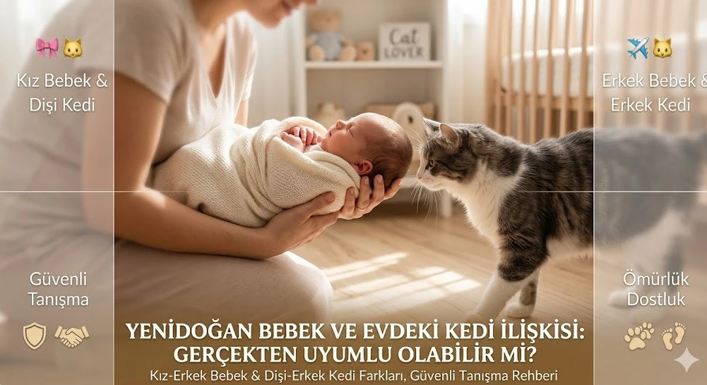 Anne kucağında uyuyan yenidoğan bebek ve ona merakla bakan gri-beyaz kedi, güneşli bir bebek odasında yan yana.