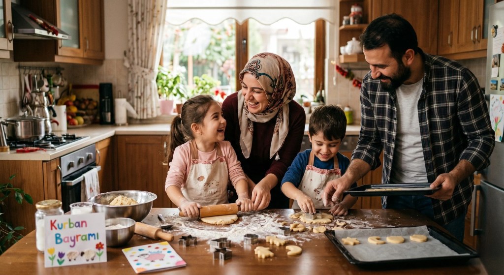 Kurban Bayramı'nda çocuklarıyla mutfakta bayram kurabiyesi yapan ve eğlenen mutlu aile.