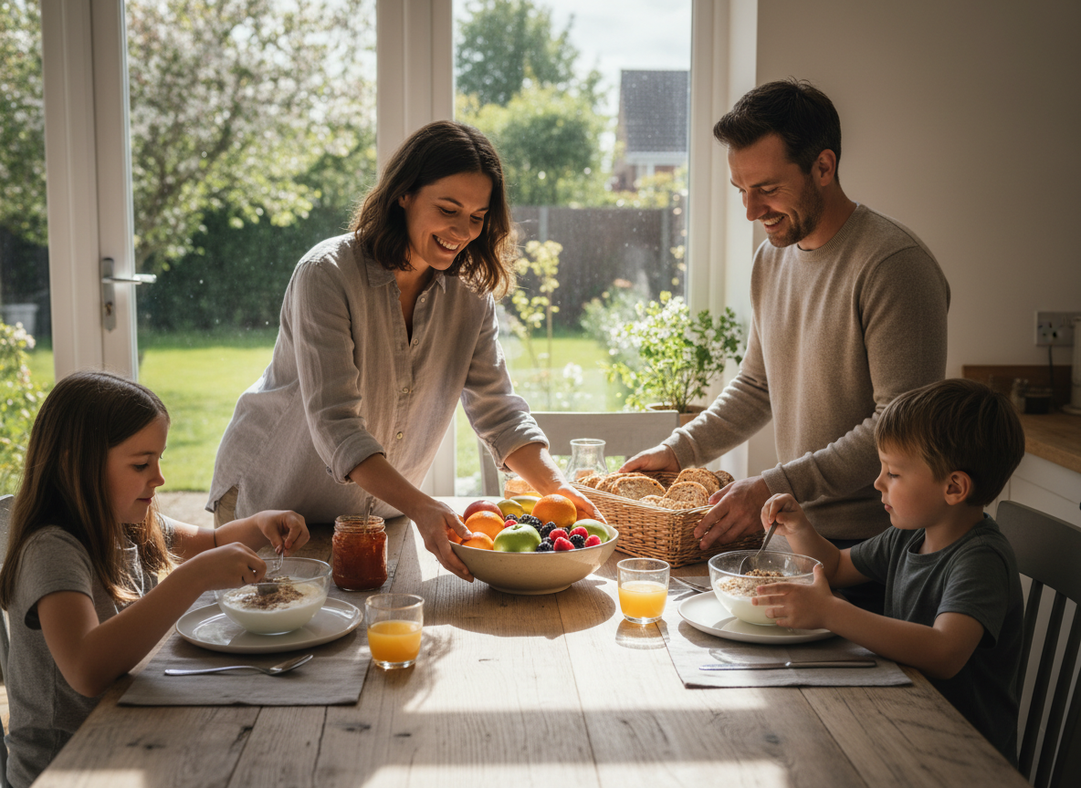 Family setting a nourishing breakfast table