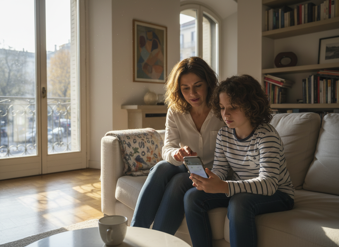 Un genitore e un figlio controllano insieme le impostazioni di privacy
