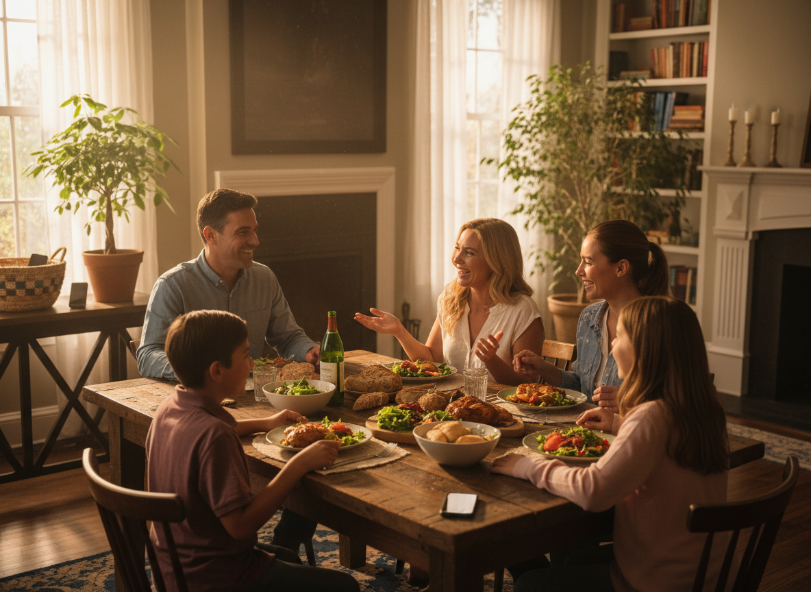 Eine Familie verbringt das Abendessen ohne Handys zusammen