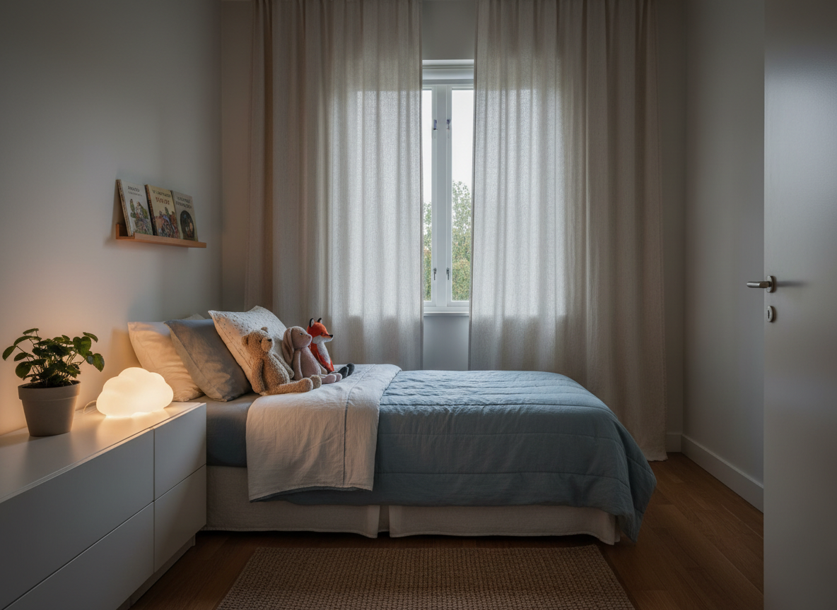 Lit rangé, rideaux doux et lumière tamisée dans une chambre d’enfant