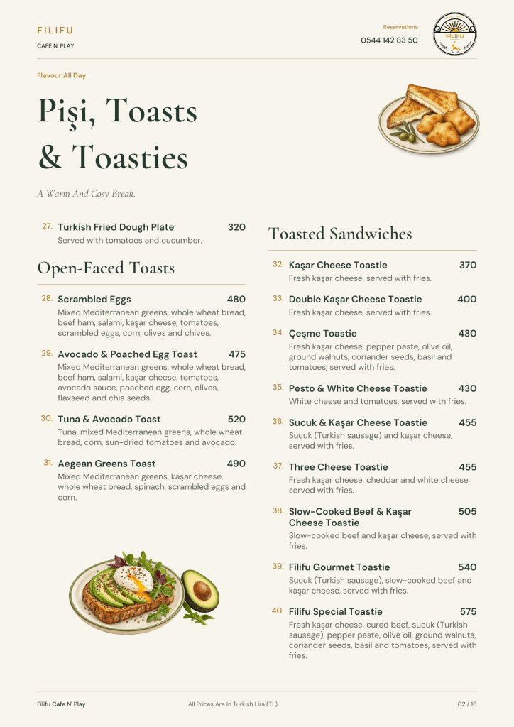 Filifu menu featuring Turkish fried dough, avocado toast, tuna toast and toasted sandwiches.