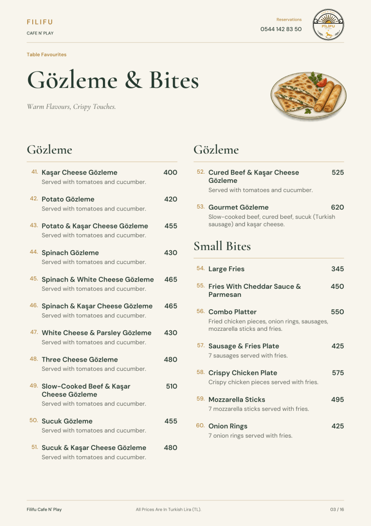 Filifu gözleme and snacks menu with cheese, spinach and meat fillings, fries and crispy bites.