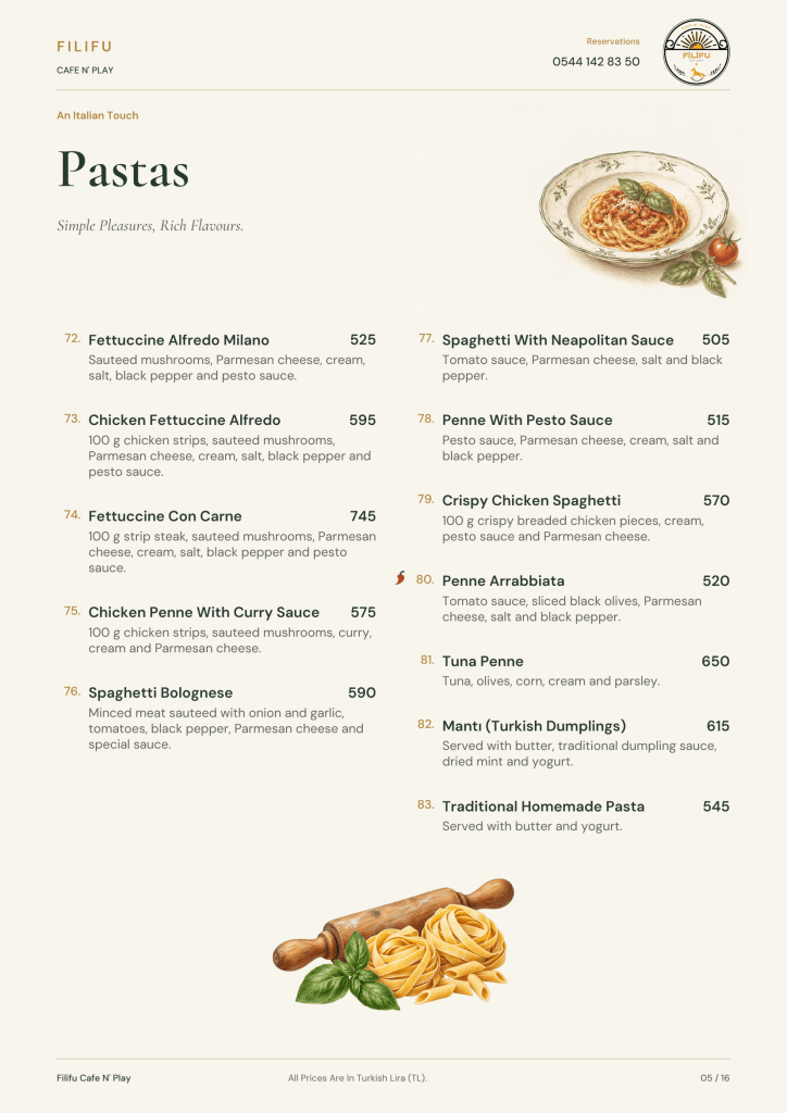 Filifu pasta menu featuring Alfredo, Bolognese, pesto penne, Turkish dumplings and homemade pasta.