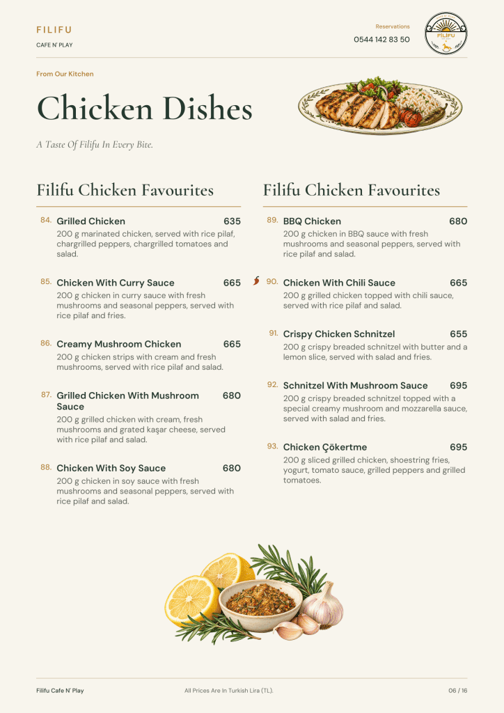 Filifu chicken dishes menu with grilled chicken, curry chicken, schnitzel and chicken Çökertme.