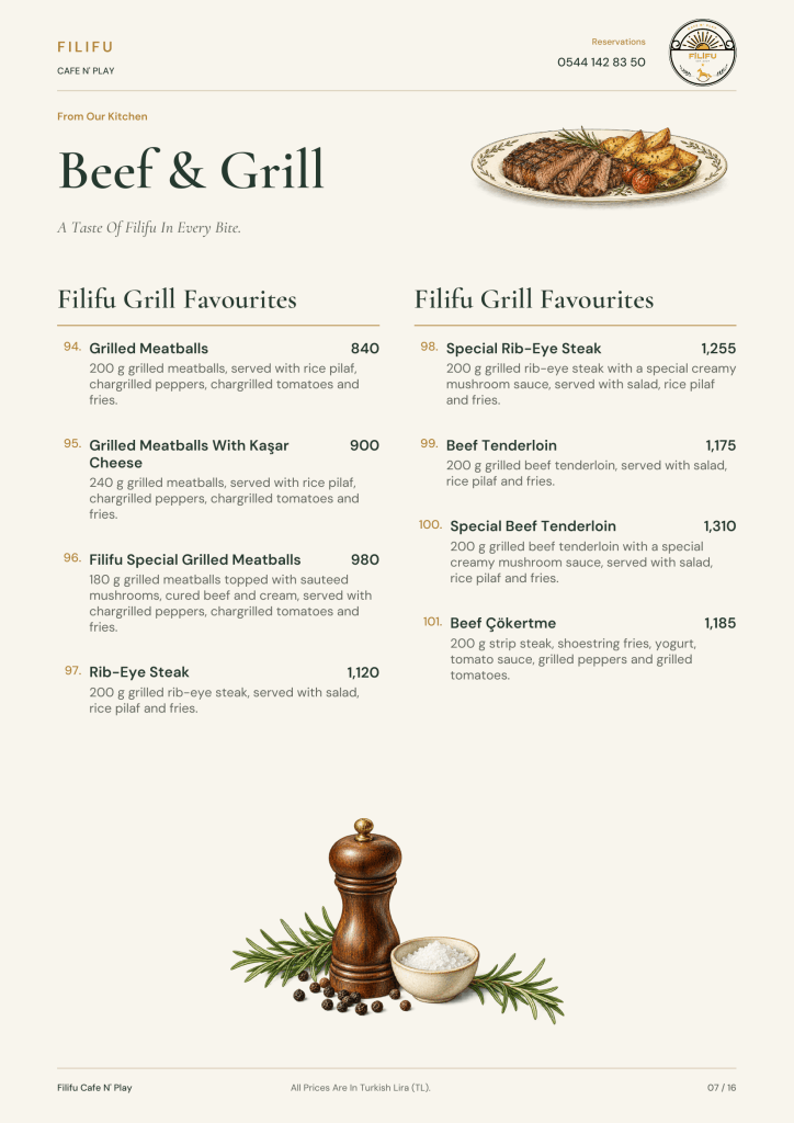 Filifu beef and grill menu with grilled meatballs, kaşar cheese meatballs, rib-eye steak and beef tenderloin.